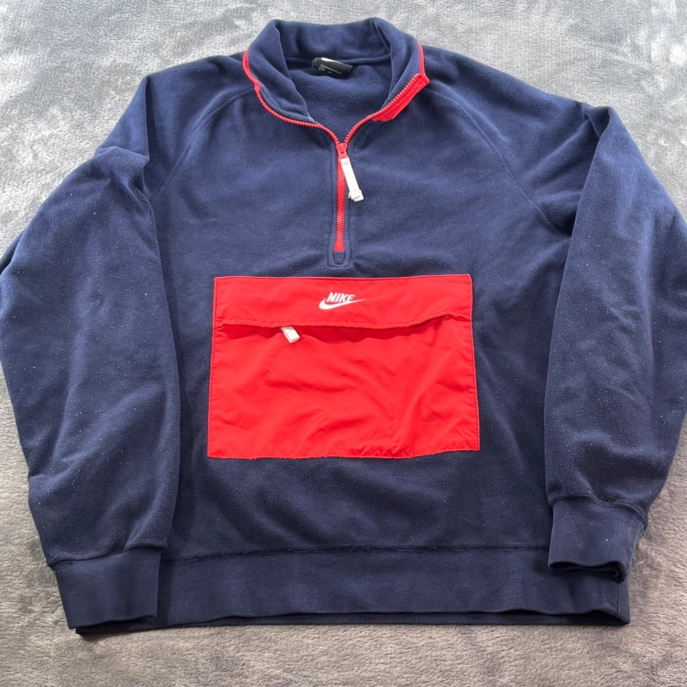 Nike Mens Fleece Quarter Zip Pullover Navy Blue Red Pocket 929097-451 M